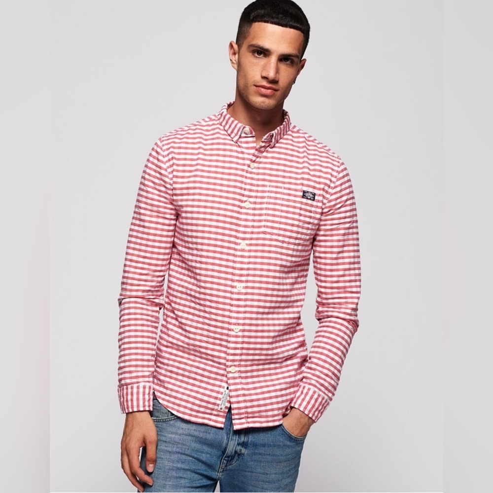 Superdry NWT Red White Berry Mix Gingham Long Sleeve Button Shirt Men's Size M